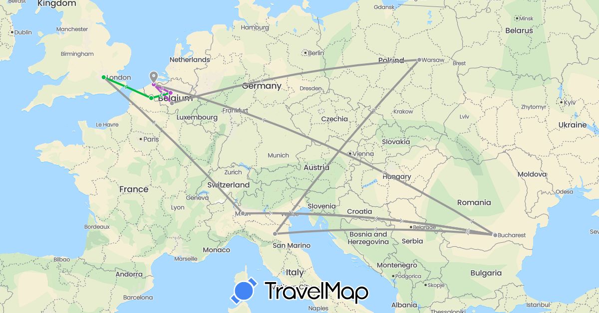 TravelMap itinerary: driving, bus, plane, train in Belgium, France, United Kingdom, Italy, Poland, Romania (Europe)